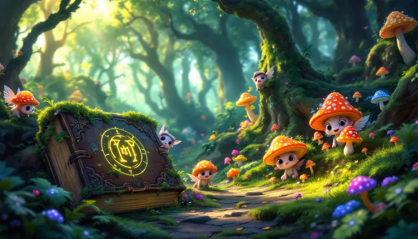 Glowing book on a mossy forest floor surrounded by cartoon mushrooms
