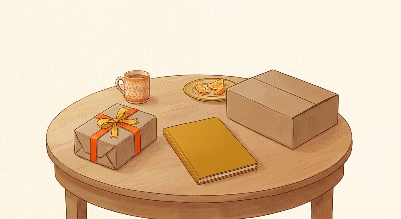 A wrapped gift with an orange ribbon, a plain picture book and a closed mailing box on a round wooden table
