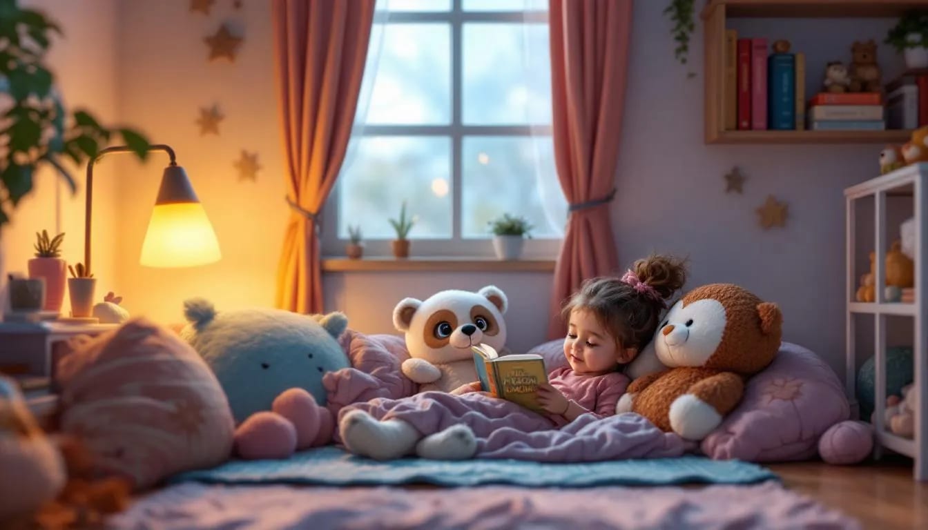 Little girl reading among stuffed animals in a cozy bedroom