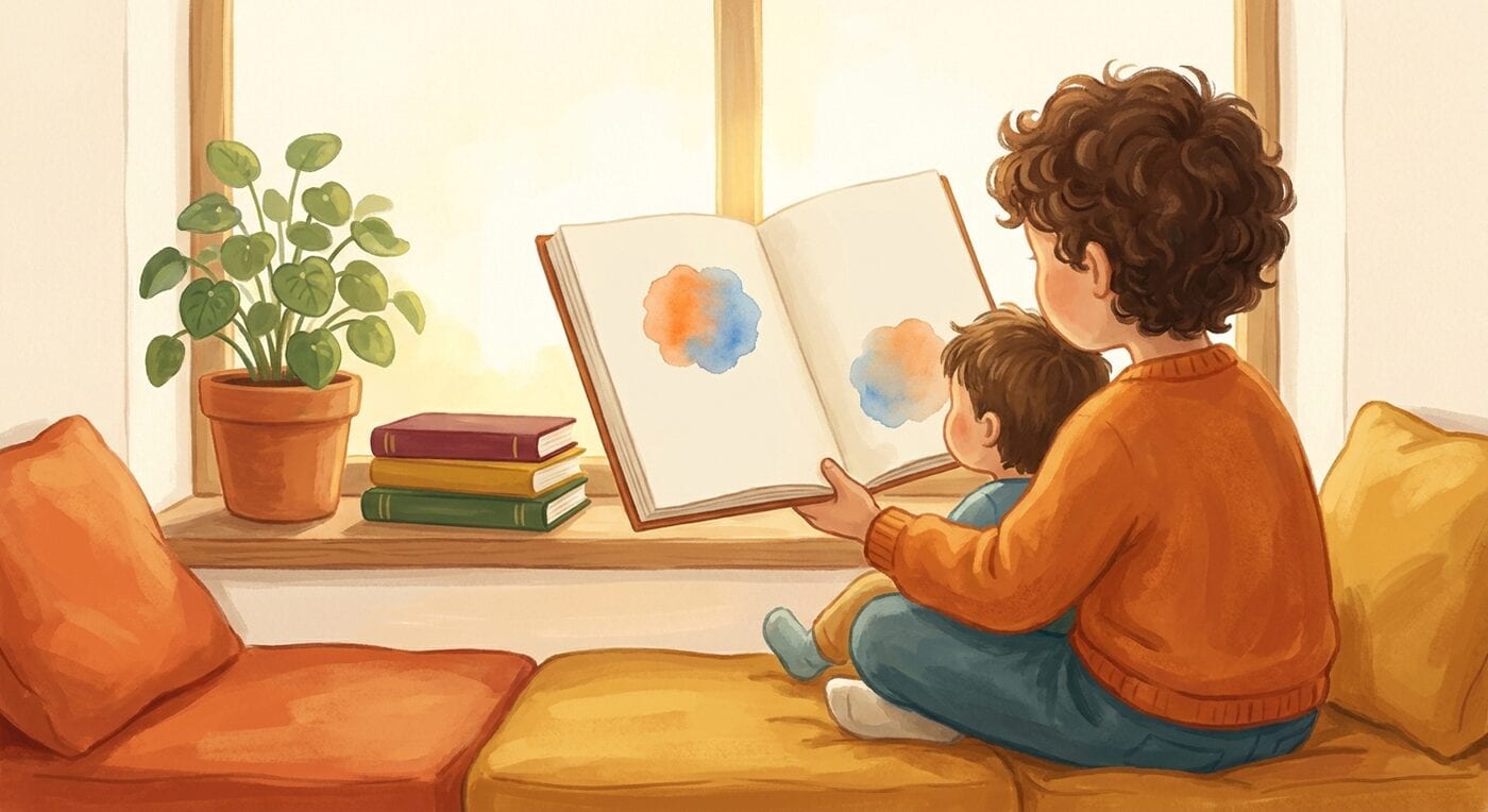 Two children side by side on a window seat in daylight, the older one holding an open book so both can see it