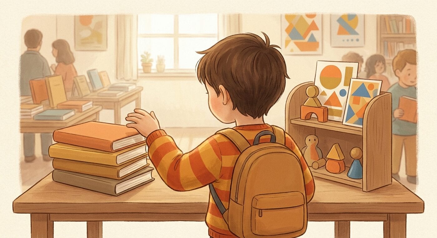 A child with a backpack at a book fair table, reaching for a stack of books while a small shelf of toys and posters waits to the side