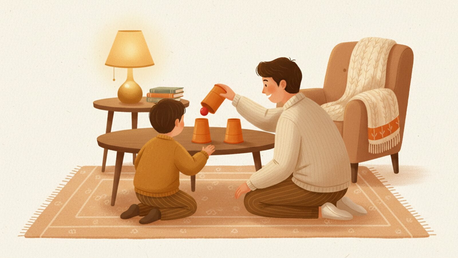 A child in a mustard sweater kneels at a low wooden table and watches a parent lift one of three orange cups to show a small red ball, with a lamp and a stack of books behind them.