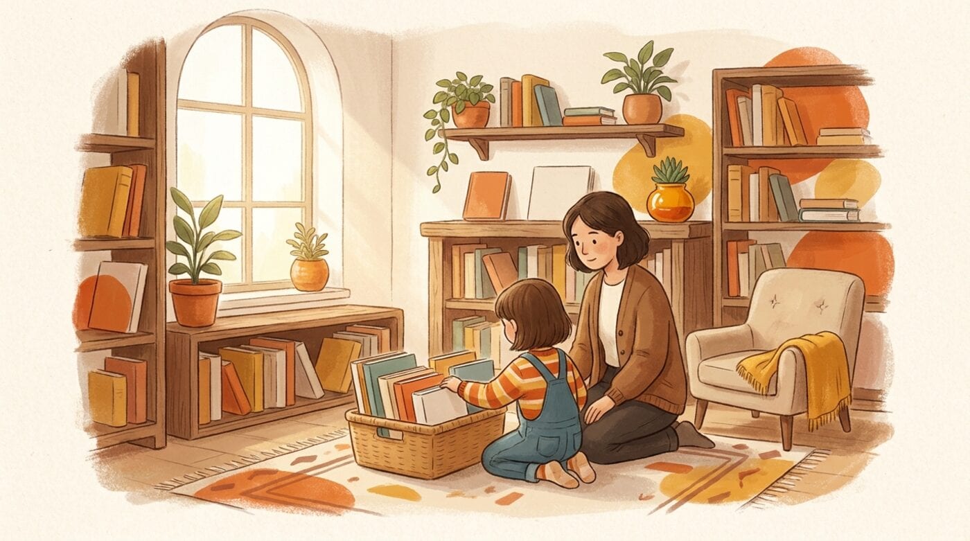 A six-year-old picks a slim book from a basket in a cozy library corner while a parent kneels beside them