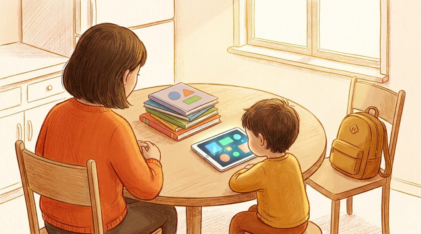 A parent and a young child at a kitchen table after school, choosing between a stack of picture books and a tablet
