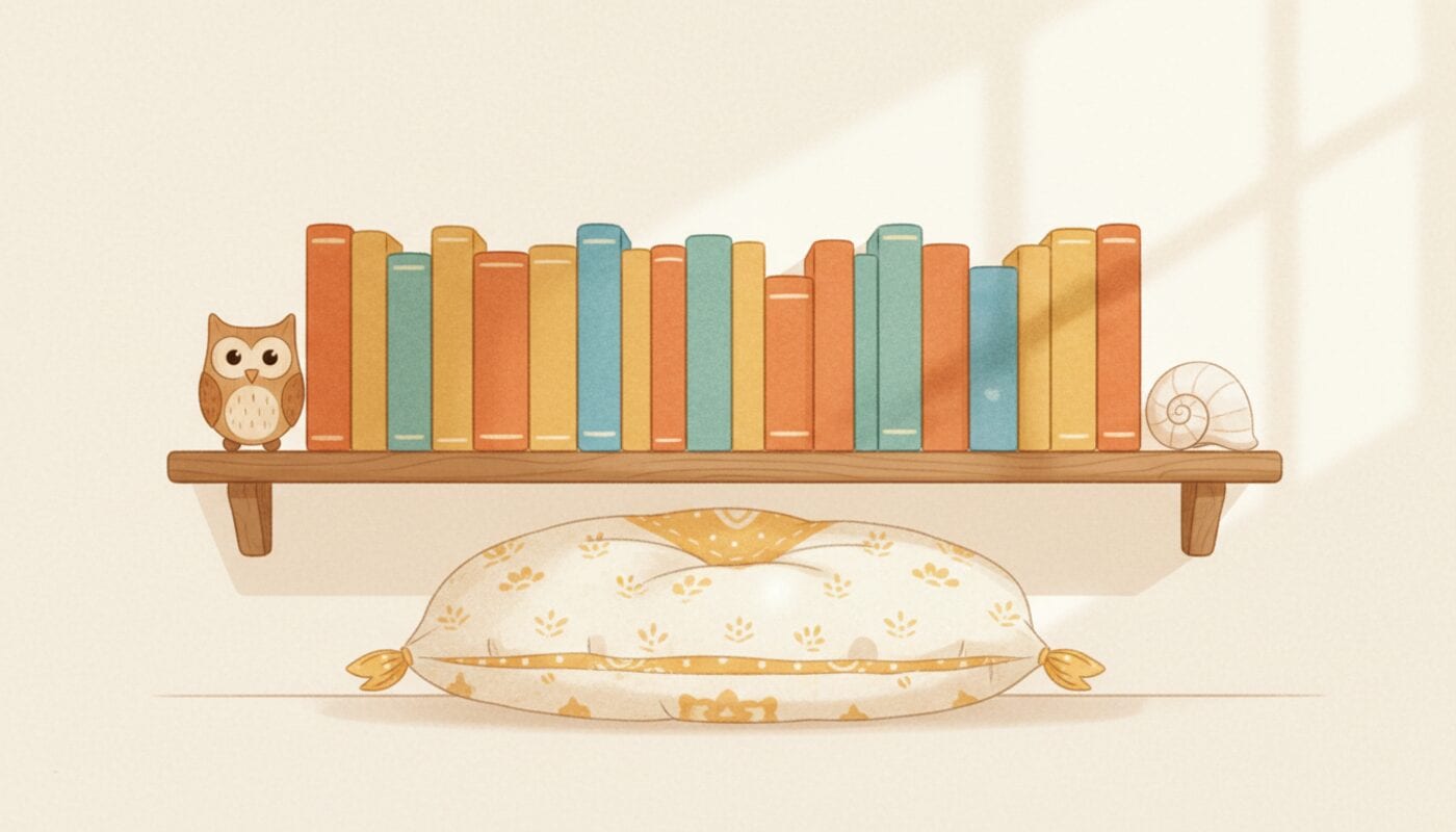 A wooden bookshelf with a long row of plain orange, gold, blue and green books between a toy owl and a seashell, above a floor cushion