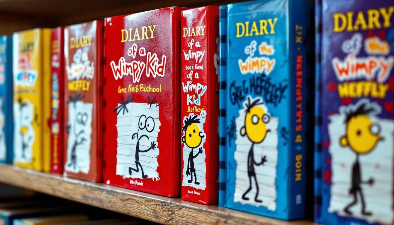 Row of Diary of a Wimpy Kid books on a wooden shelf