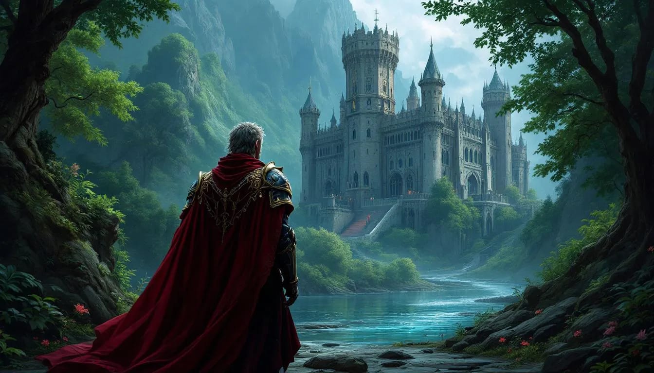 Cloaked figure looking toward a castle across a forest river