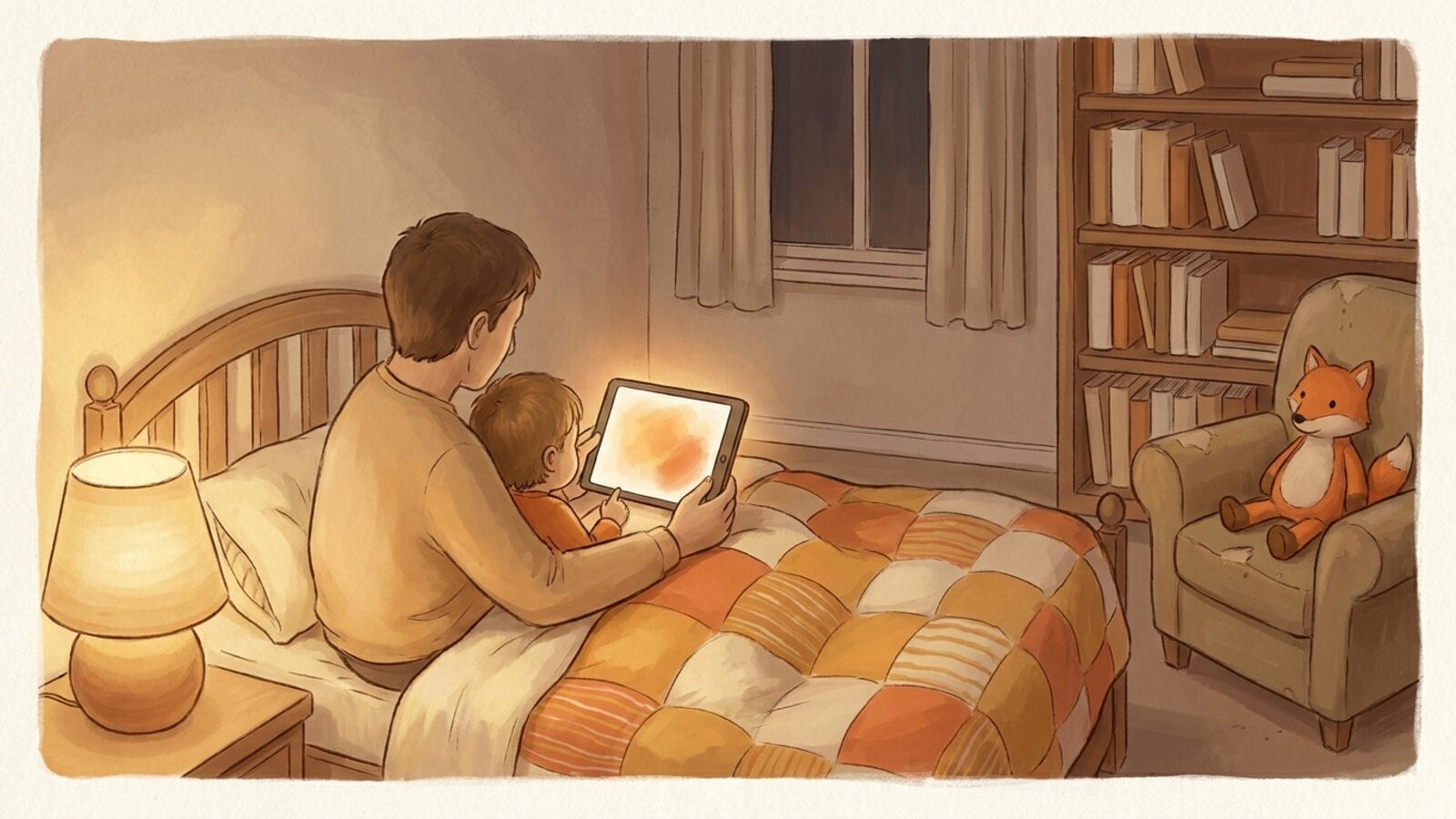 A parent and a small child in bed under a patchwork quilt, seen from behind, looking at a softly glowing tablet by lamplight