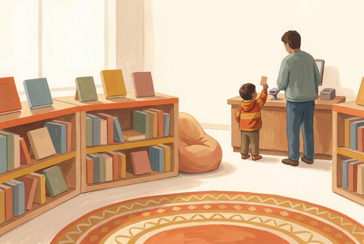 A small child holds a library card up to a self-checkout scanner while a parent waits, beside low shelves of picture books and a round rug