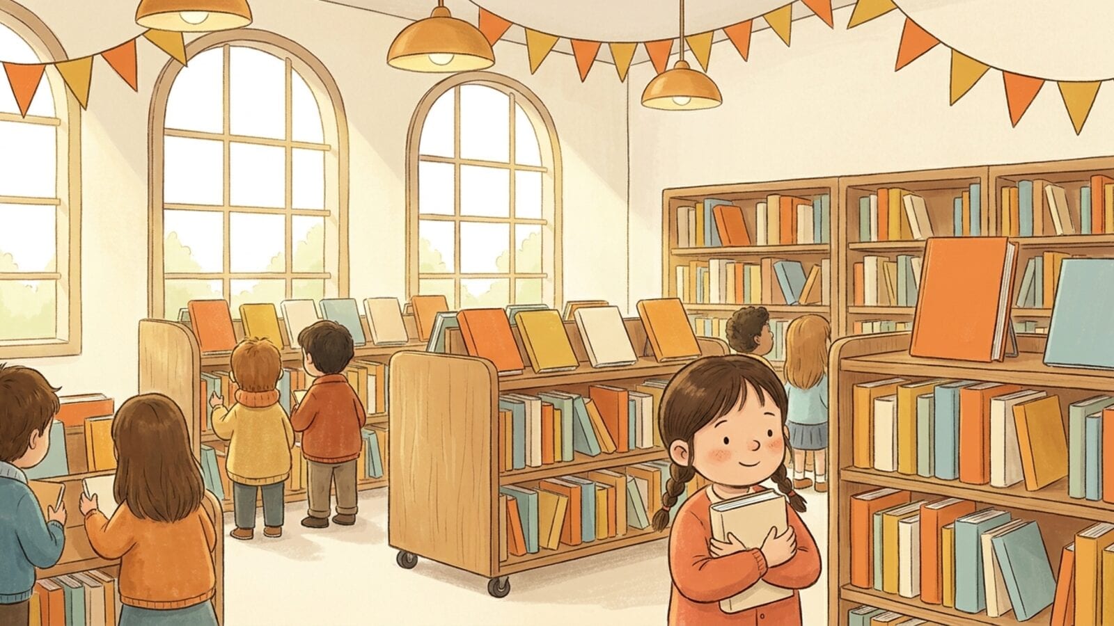 Children browsing rolling wooden book cases at a school book fair while a girl hugs the book she picked.