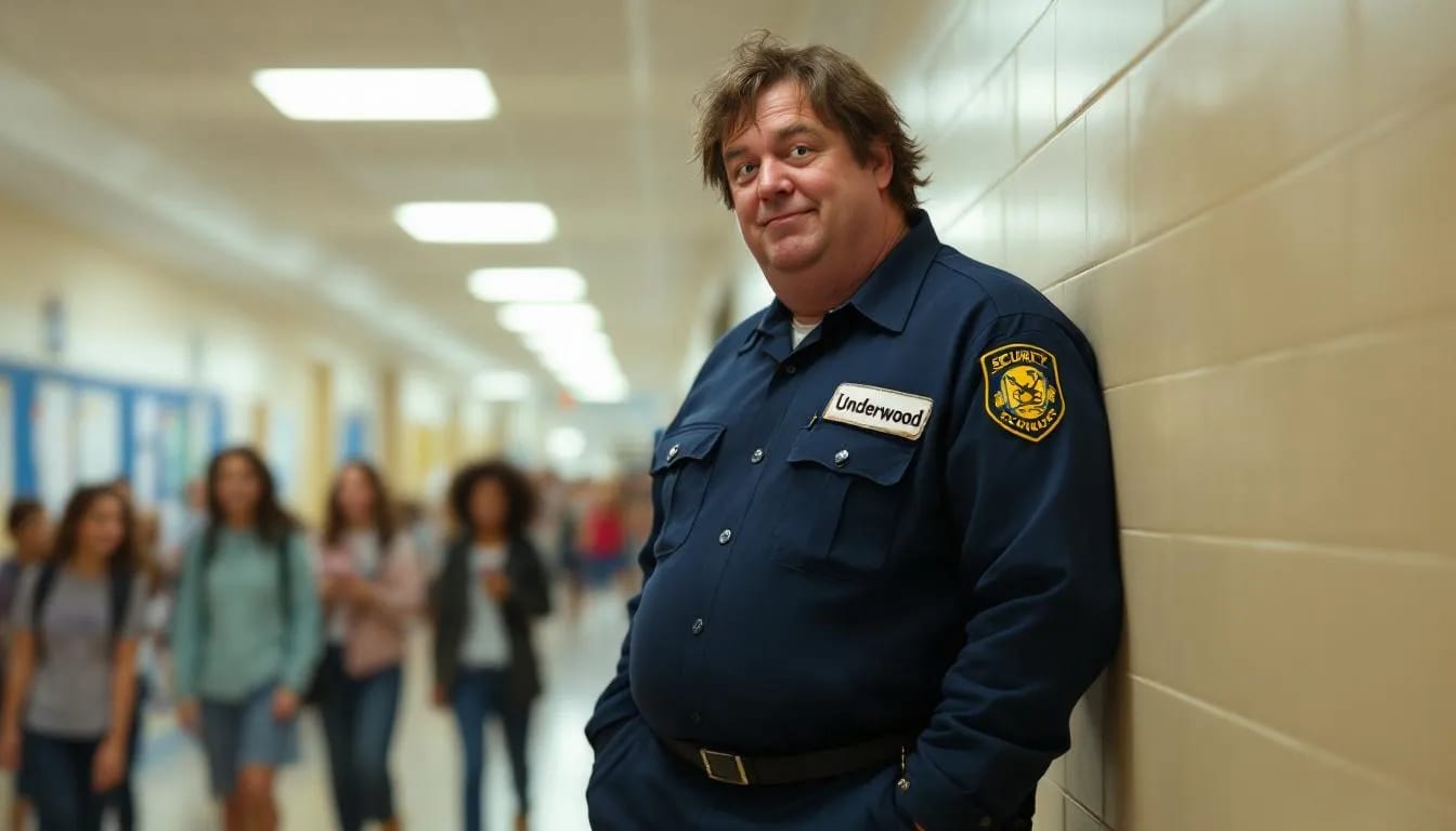 Smiling school security guard leaning on a hallway wall as students pass