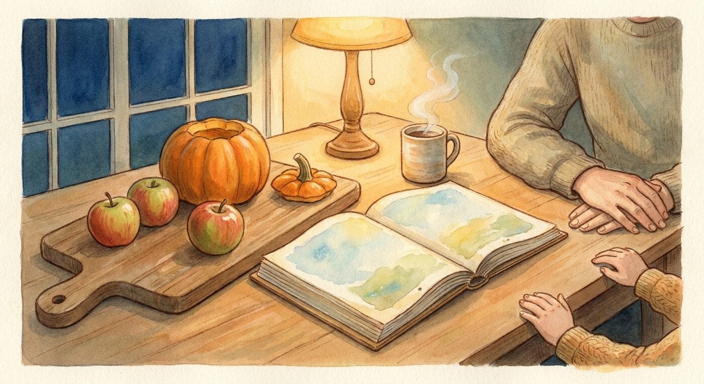 A kitchen table at dusk with a small pumpkin, apples, a lamp and an open picture book, a parent's hands and a child's hands at the edge