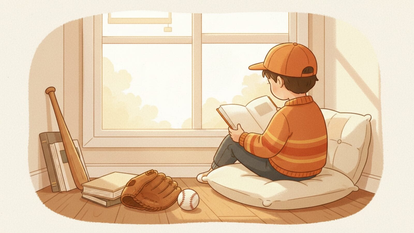 A child in an orange cap and striped sweater reads a book on a cushion by a sunny window, with a baseball glove, a ball, a bat and a stack of plain books on the floor.