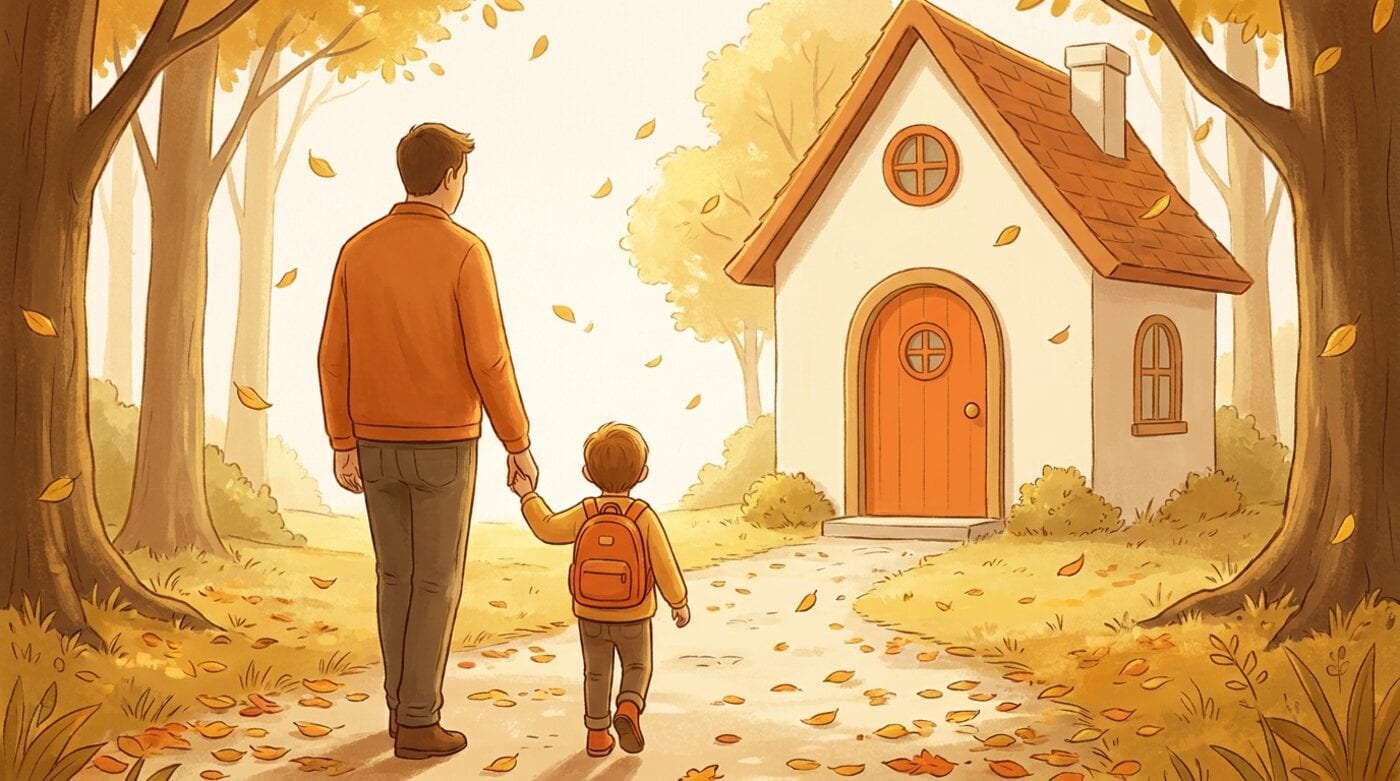 A parent and a four-year-old with an orange backpack walking hand in hand along a path of autumn leaves toward a small school building with a round orange door
