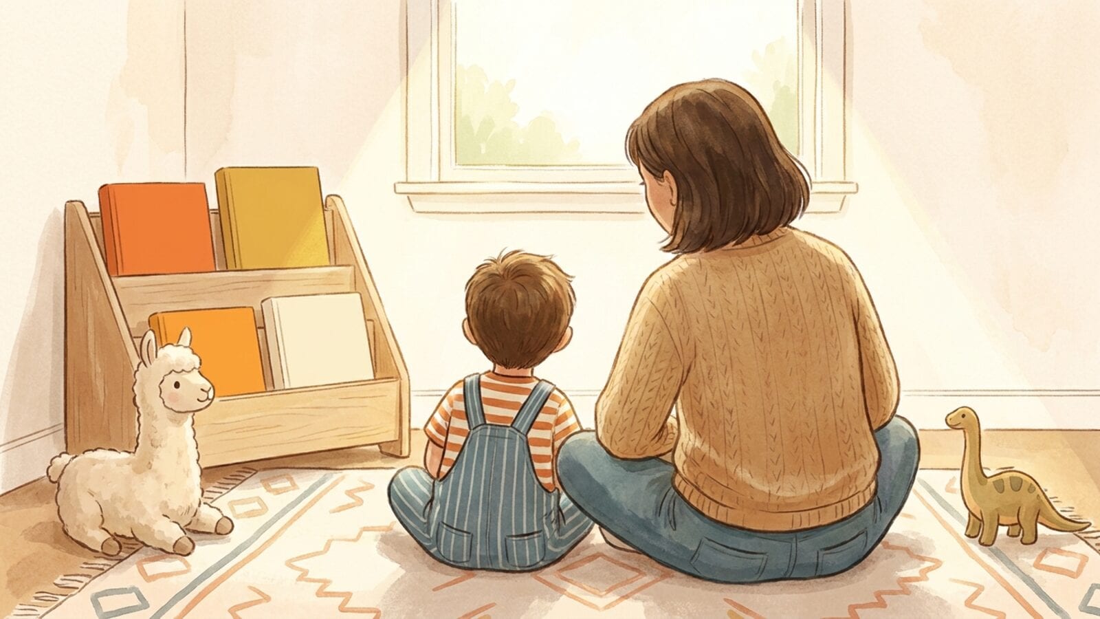 A parent and a four-year-old seen from behind, sitting on a patterned rug in front of a small shelf of picture books, with a toy llama and a toy dinosaur beside them.