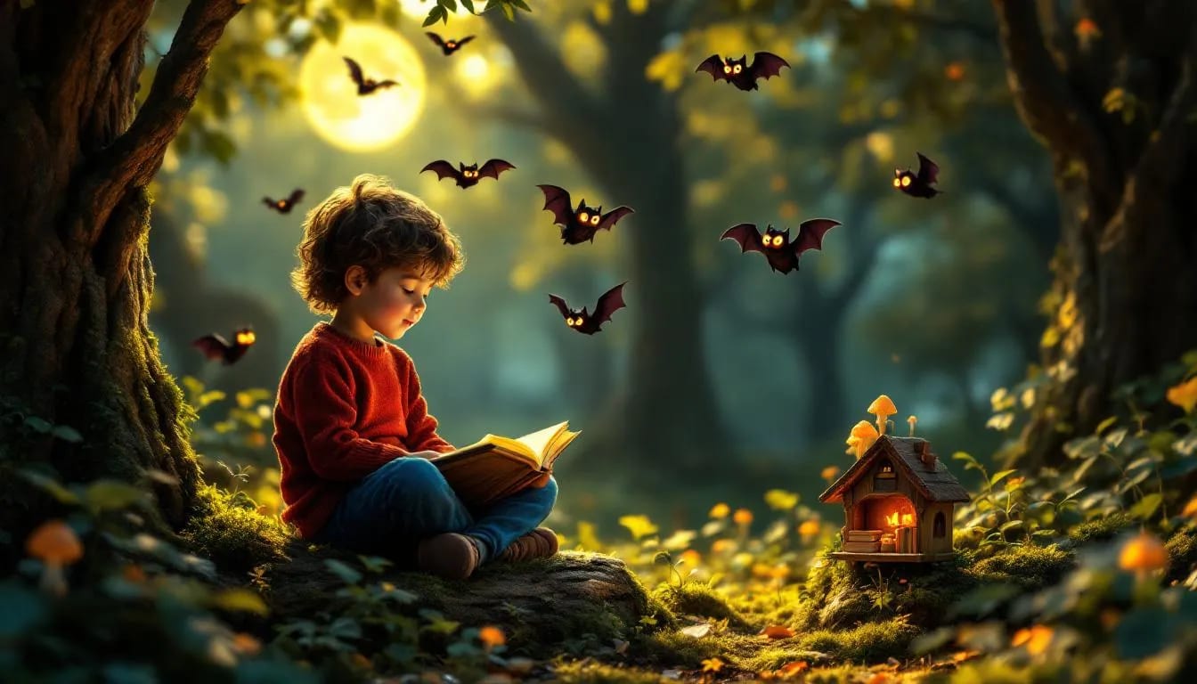 Children's picture books about bats with a bat flying at night