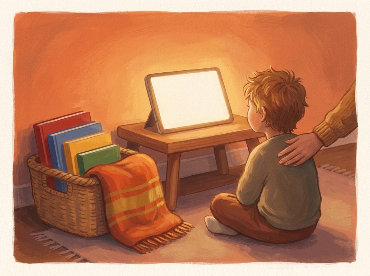A child sits on a rug at dusk in front of a glowing tablet propped on a low table, with a basket of print books and a blanket beside them