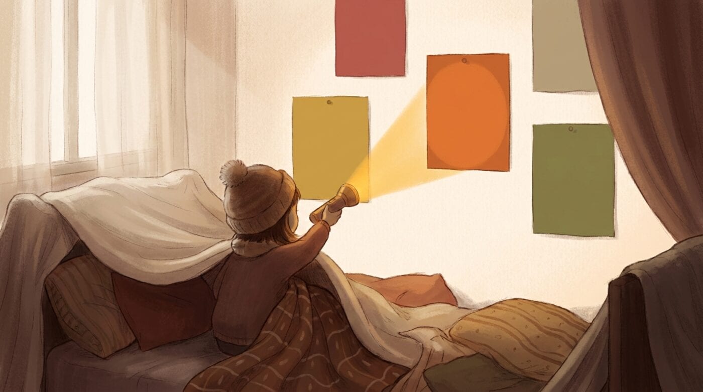 A small child in a blanket fort shines a flashlight on plain colored cards pinned to a bedroom wall