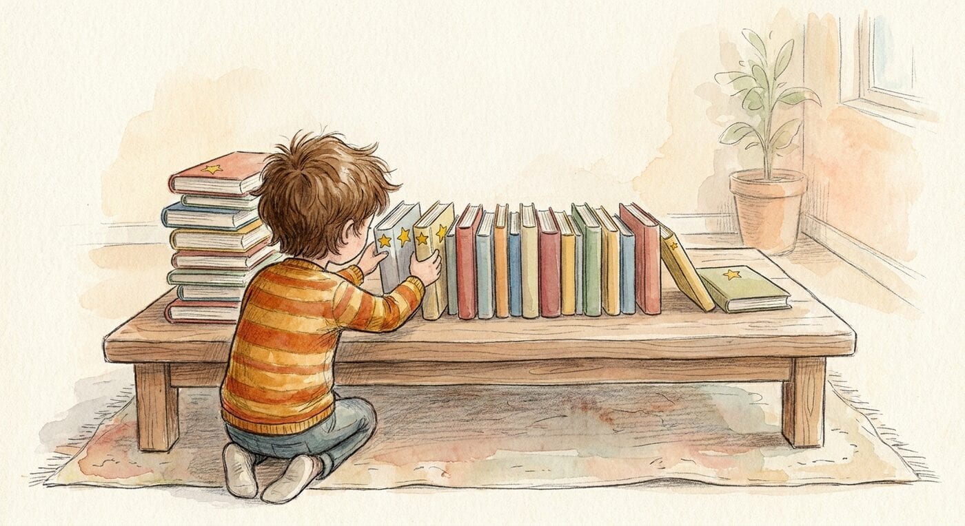 Two children seen from behind lining up a long row of plain colorful books on a rug