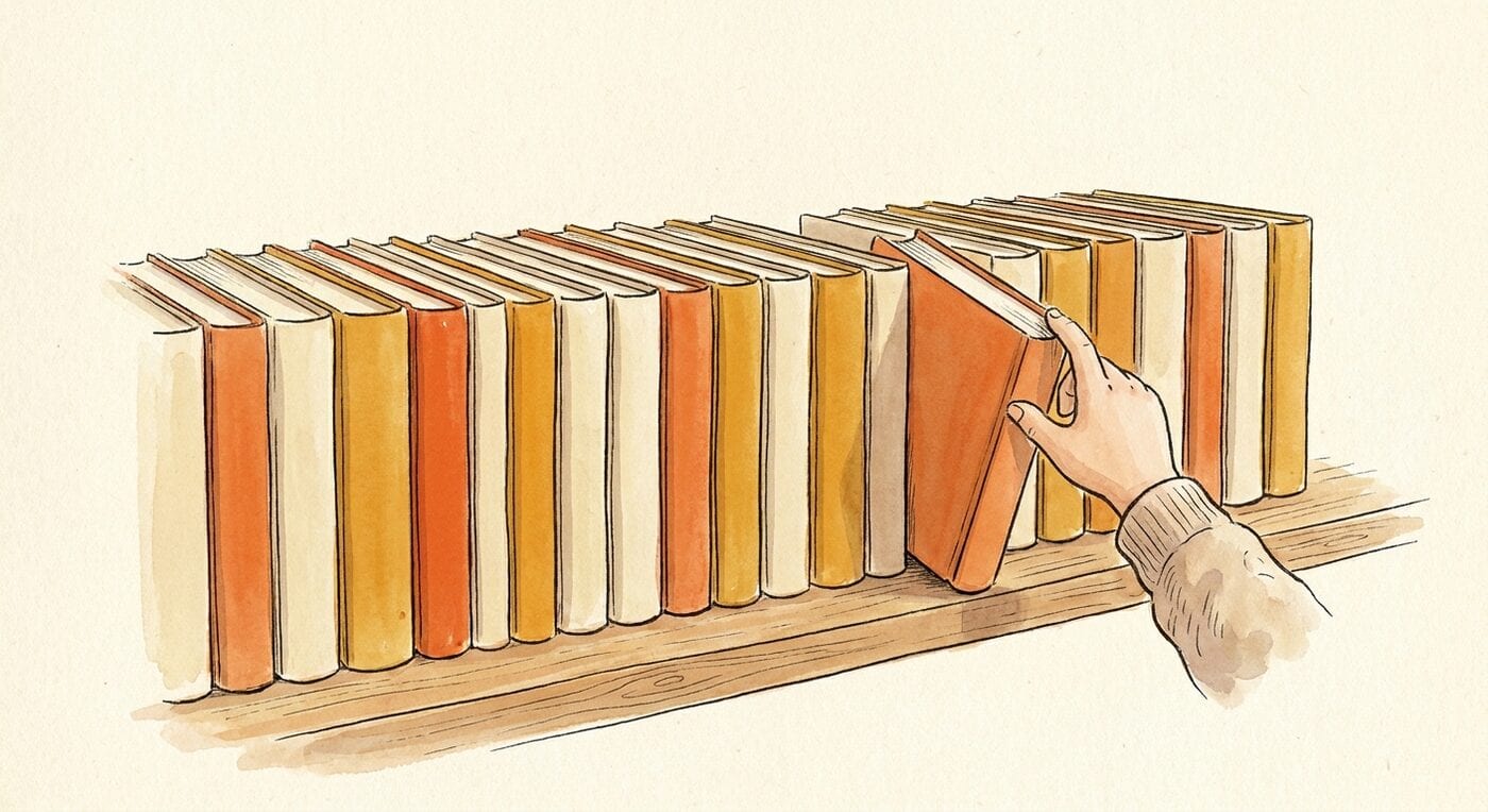 A hand pulling one book forward from a long row of plain, matching books on a low wooden shelf