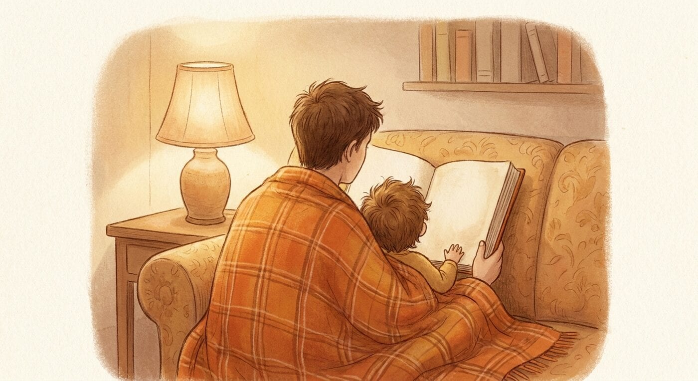 A parent and a young child under an orange plaid blanket share an open book by lamplight on a couch