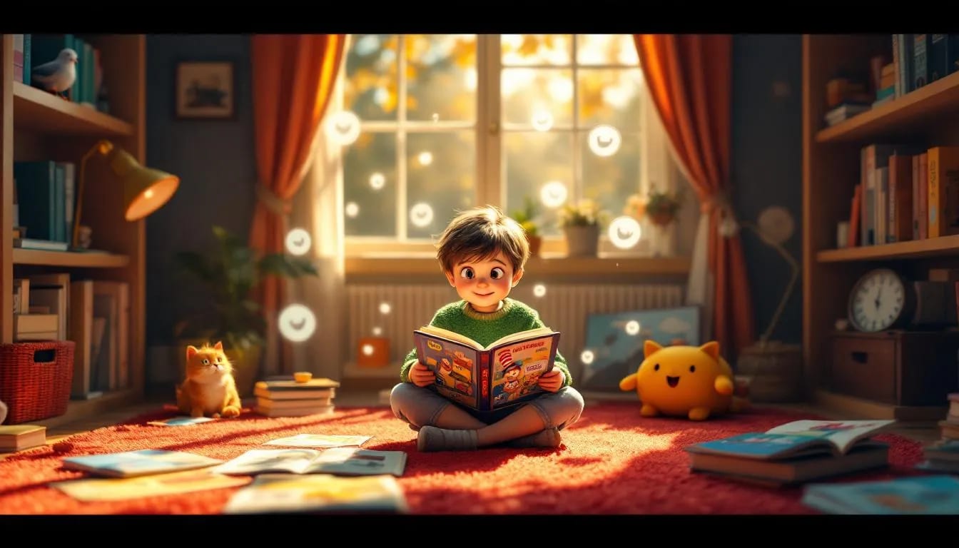 Kids laughing while reading a funny picture book together