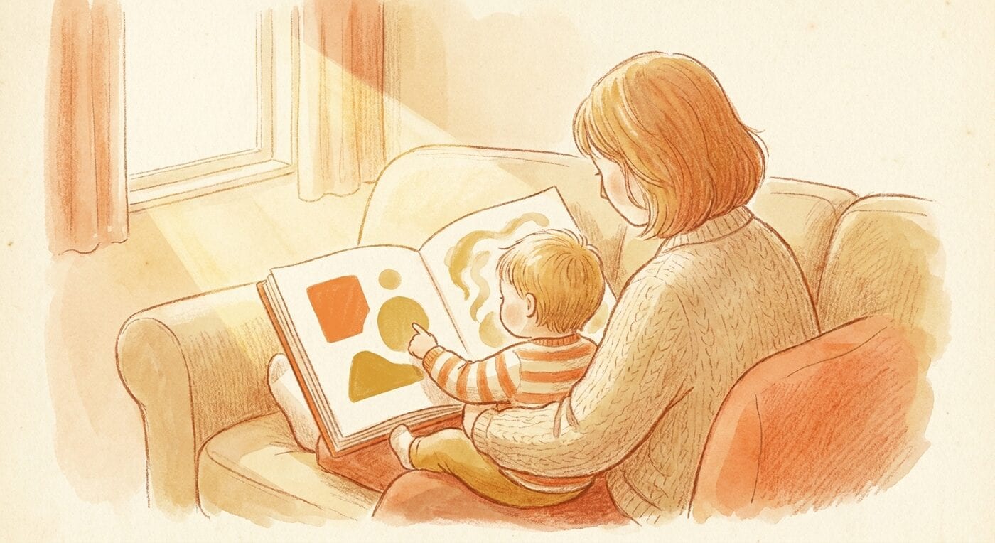 A parent and a young child, seen from behind, share a large open picture book on a sofa as the child points at a shape on the page