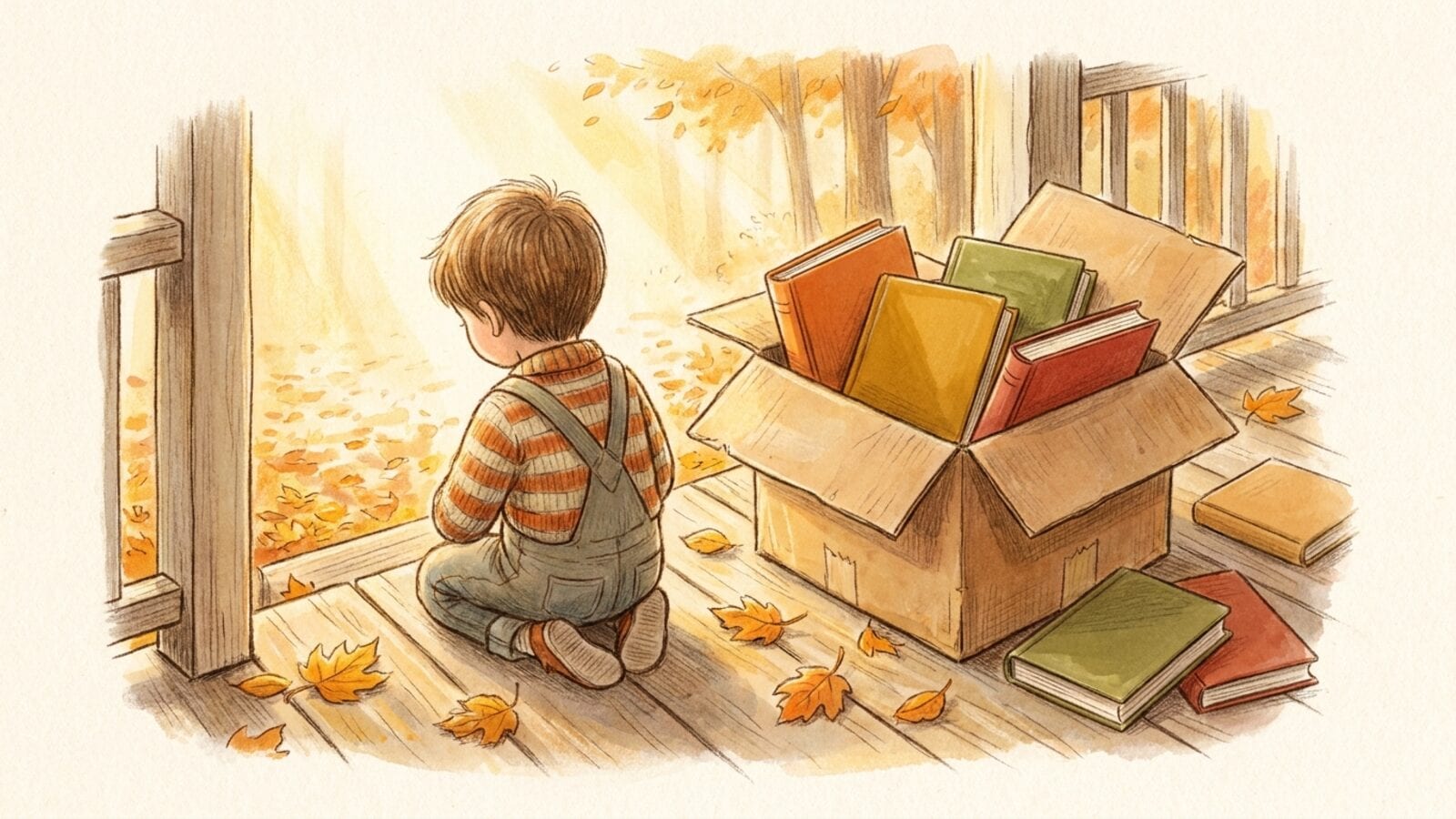 A small child kneels on a porch beside an open cardboard box of colorful children's books among autumn leaves.