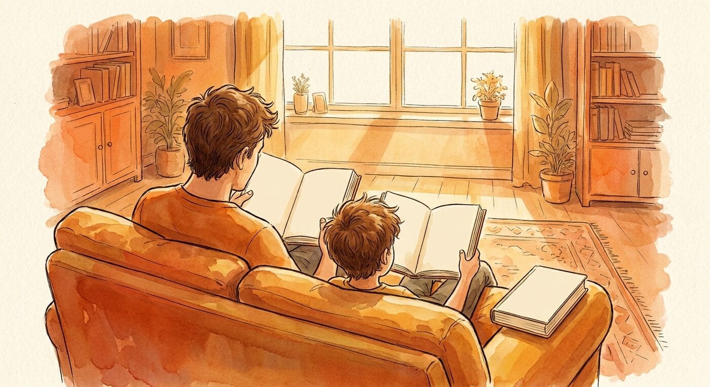 A parent and a child reading side by side on a couch, seen at a distance in warm afternoon light