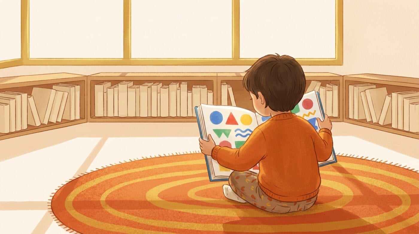 A young child sitting on a round orange rug in a sunny library children's corner, looking at an open picture book