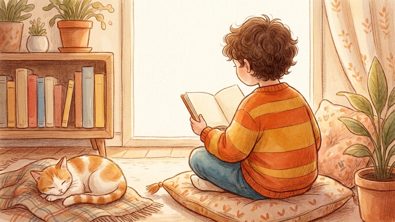 A six-year-old in a striped sweater reads a small book on a cushion by a sunny window while a cat sleeps nearby.
