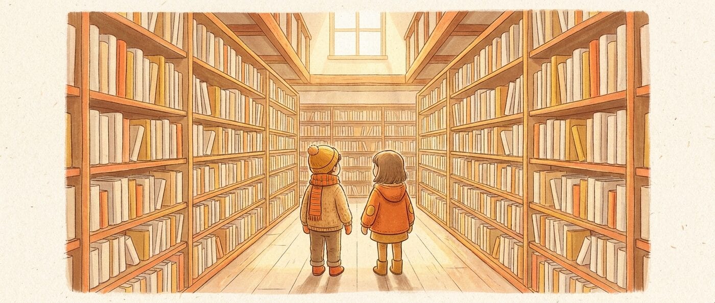 Two children seen from behind standing in an aisle between tall library shelves packed with books, daylight falling down the aisle.