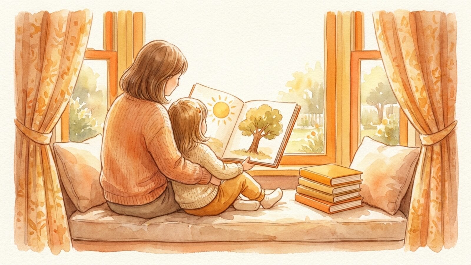 A mother and a young child seen from behind on a cushioned window seat, sharing an open picture book with a painted sun and tree, a stack of orange and golden books beside them.