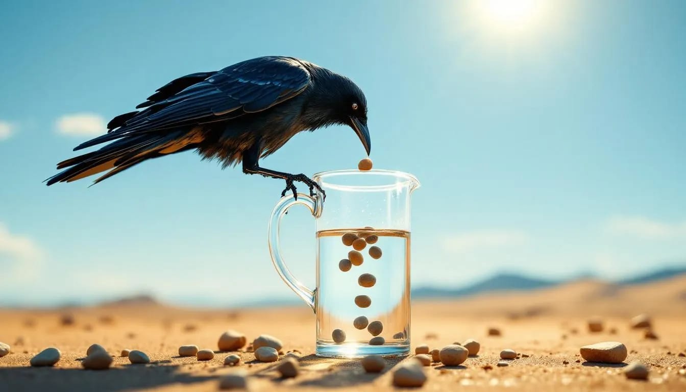 A crow dropping pebbles into a pitcher of water to raise the level