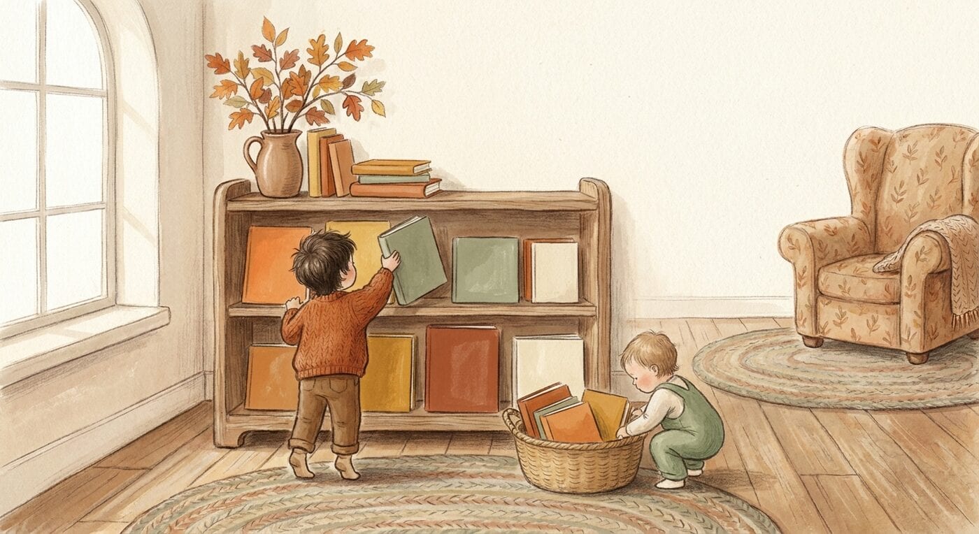 A library corner with a low seasonal display shelf of blank-covered picture books, a child reaching for one and a toddler at a basket