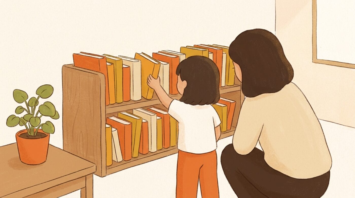 A child and a parent seen from behind at a low bookshelf, the child reaching for a thin chapter book