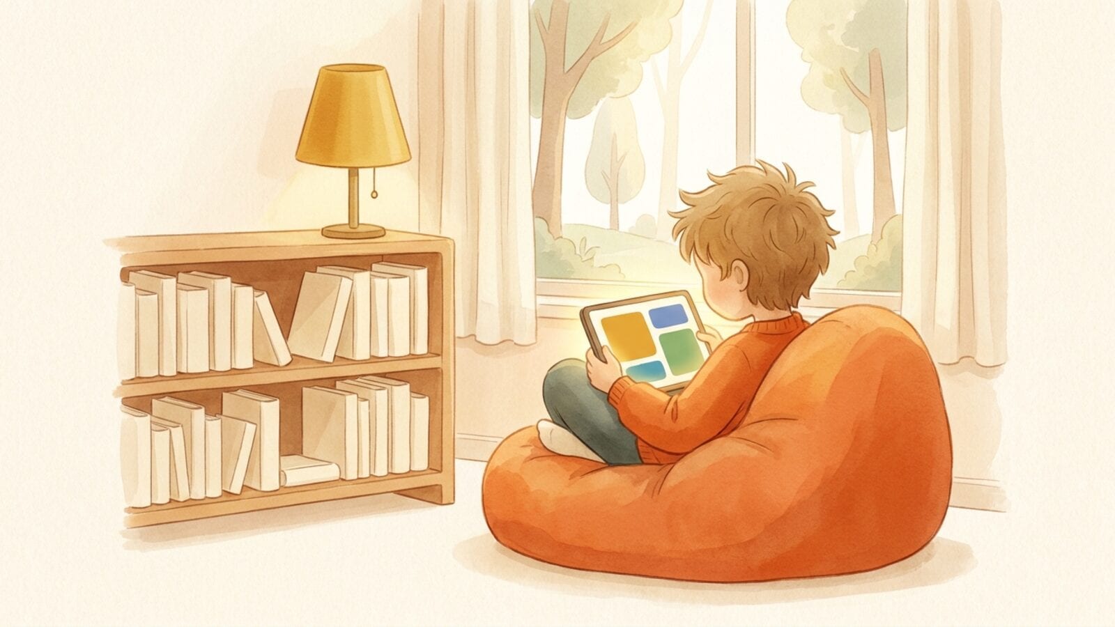 A child on an orange beanbag by a sunny window, seen from behind, holding a glowing tablet next to a low shelf of picture books