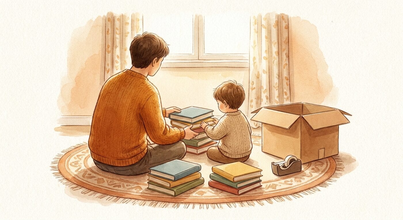 A parent and a young child seen from behind sort a stack of books into two piles on a rug next to an open mailing box