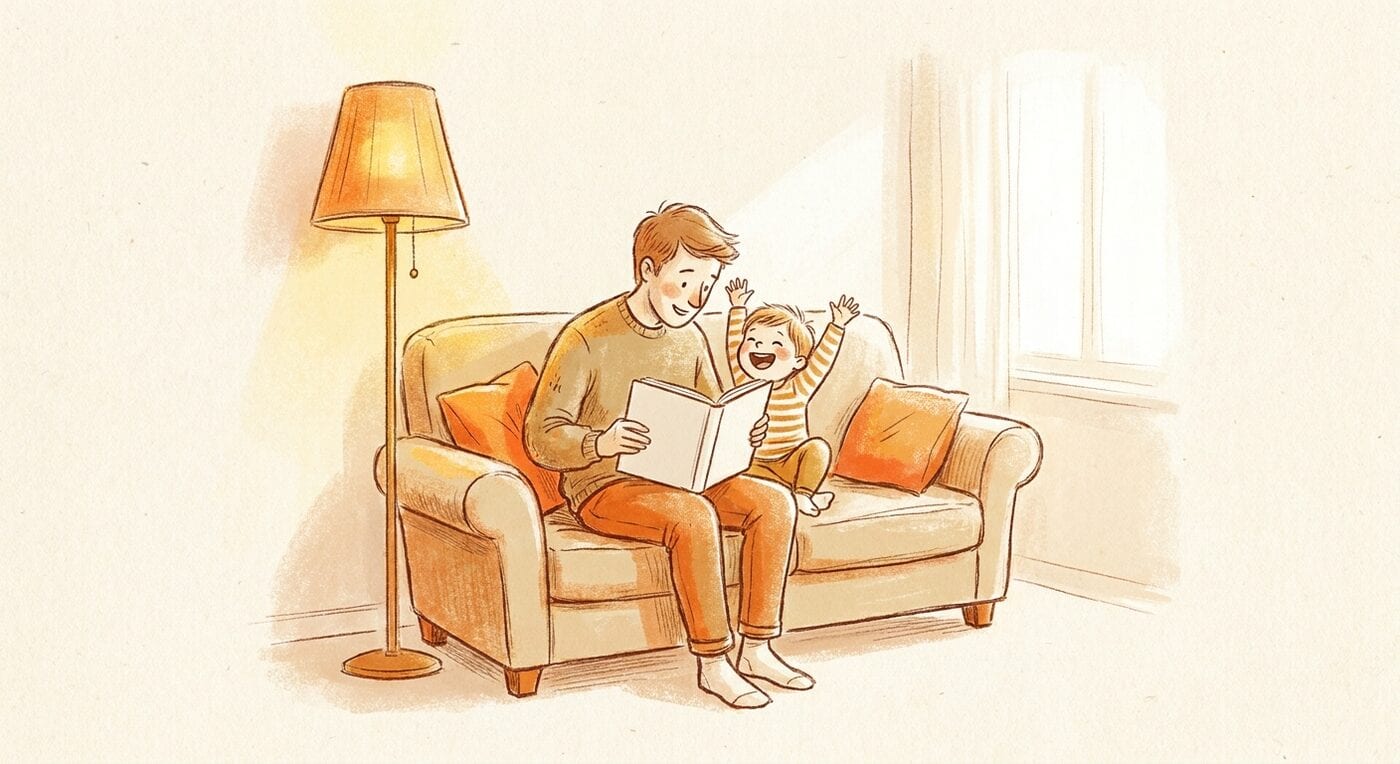 A parent reads a small chapter book aloud on a couch under a warm lamp while a young child laughs with both arms in the air