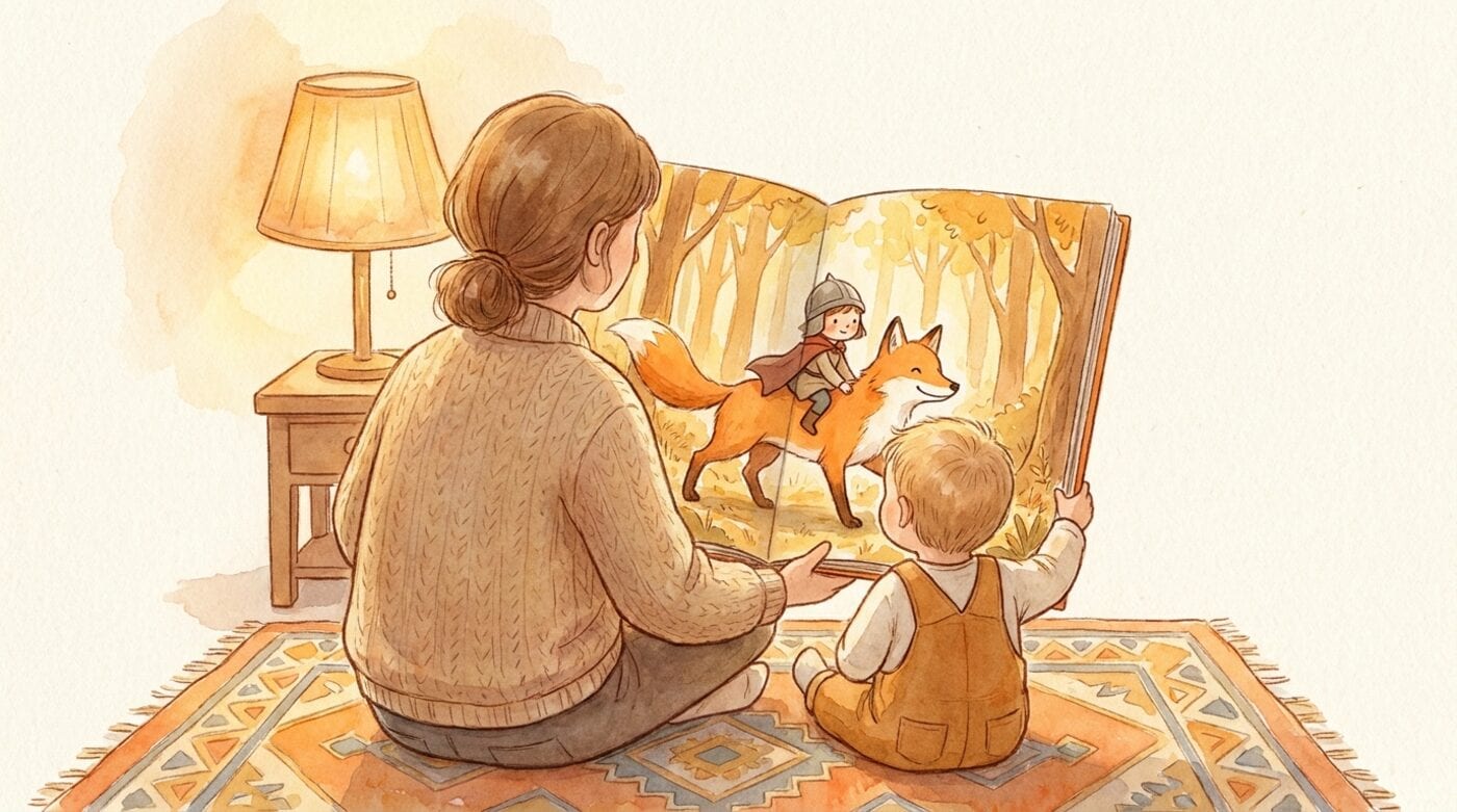 A parent and a toddler seen from behind on a rug, reading a picture book that shows a small hero riding an orange fox through a forest
