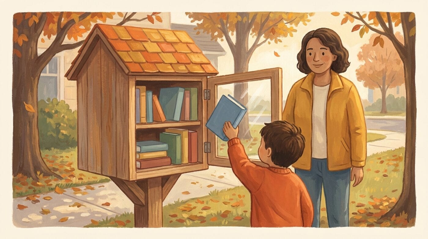 A child reaches up to place a book inside a small wooden sharing box on a post at the edge of a leafy sidewalk while a grown-up stands nearby