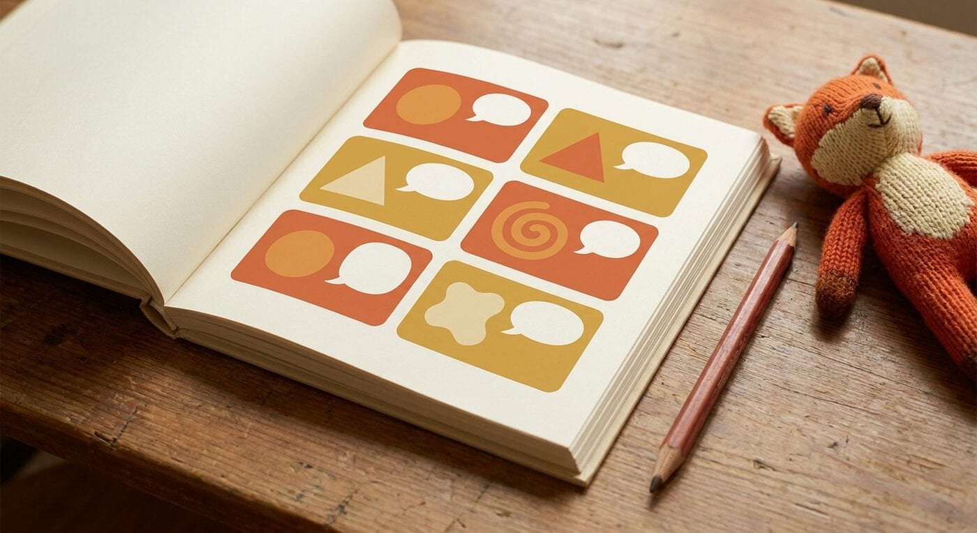 An open book on a wooden table showing a grid of colorful comic panels with blank speech bubbles, a pencil and a small knitted fox beside it