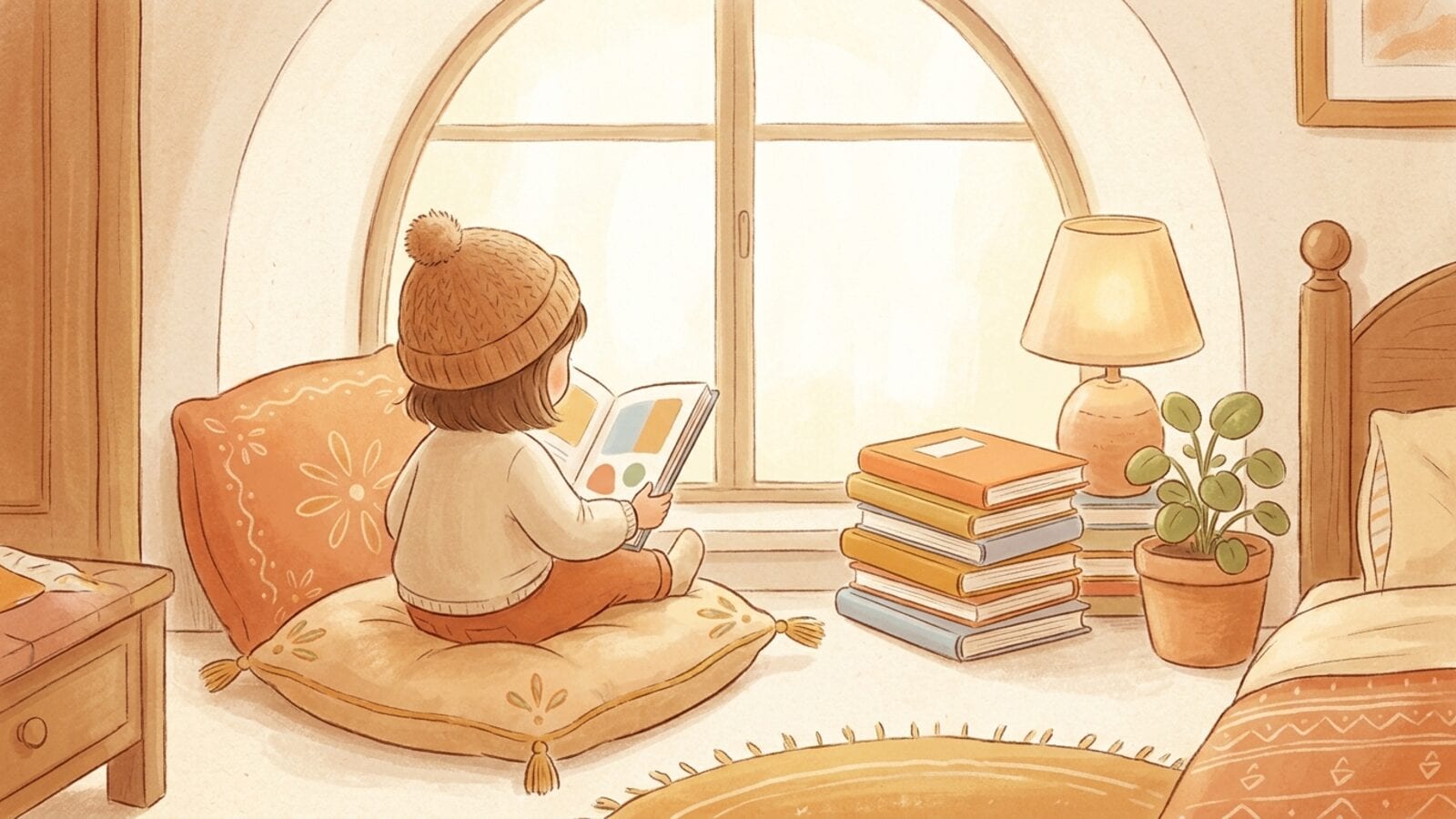 A small child in a knitted hat, seen from behind, reads a thin picture book on a floor cushion by a sunny window, next to a stack of colorful books.