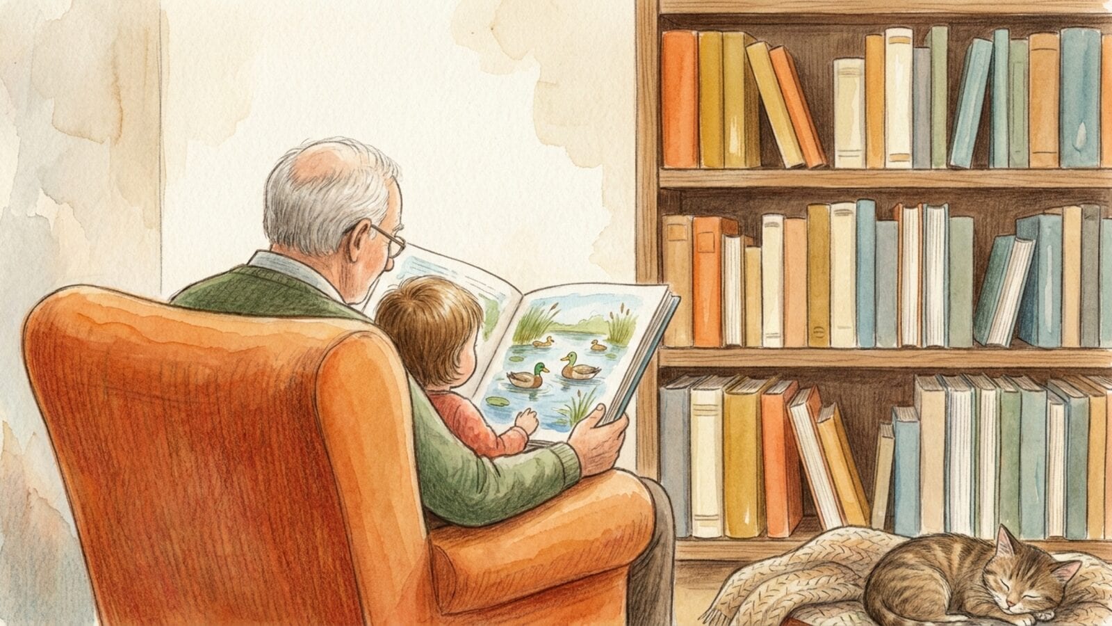 A grandfather and a small child seen from behind in an orange armchair, looking at a picture book with painted ducks on a pond, beside a full bookshelf and a sleeping cat.