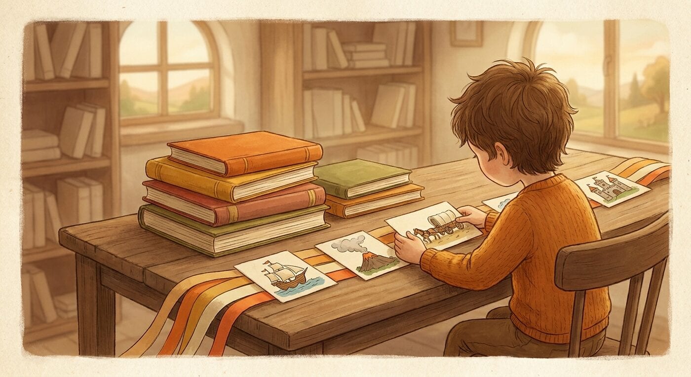 A child in an orange sweater lines up a stack of plain books next to a paper timeline with picture cards of a ship, a volcano, a wagon and a castle