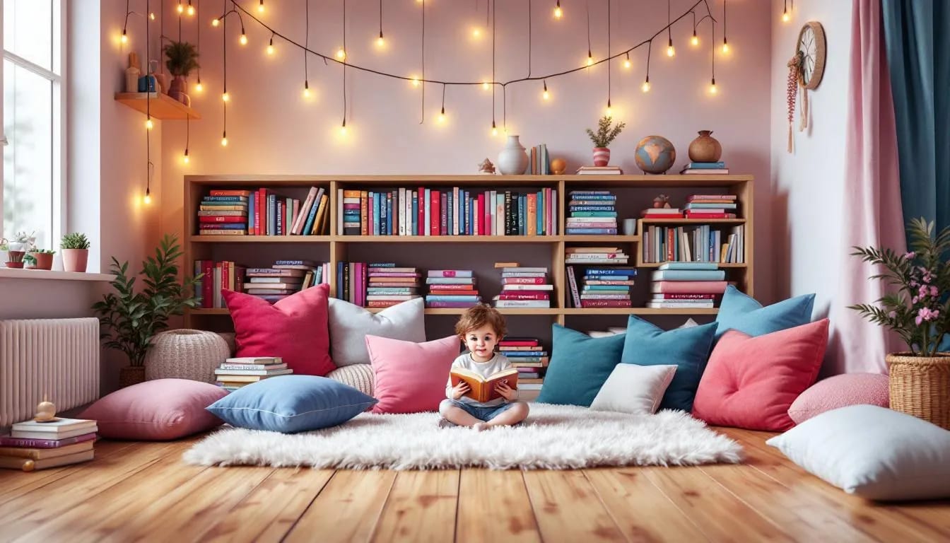 Small child reading on a fluffy rug in a reading nook with string lights