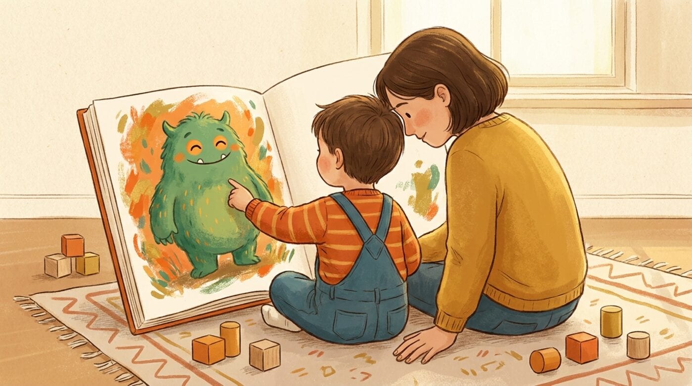 A parent and a four-year-old on a rug looking at a large open picture book with a friendly green monster, the child pointing at the picture
