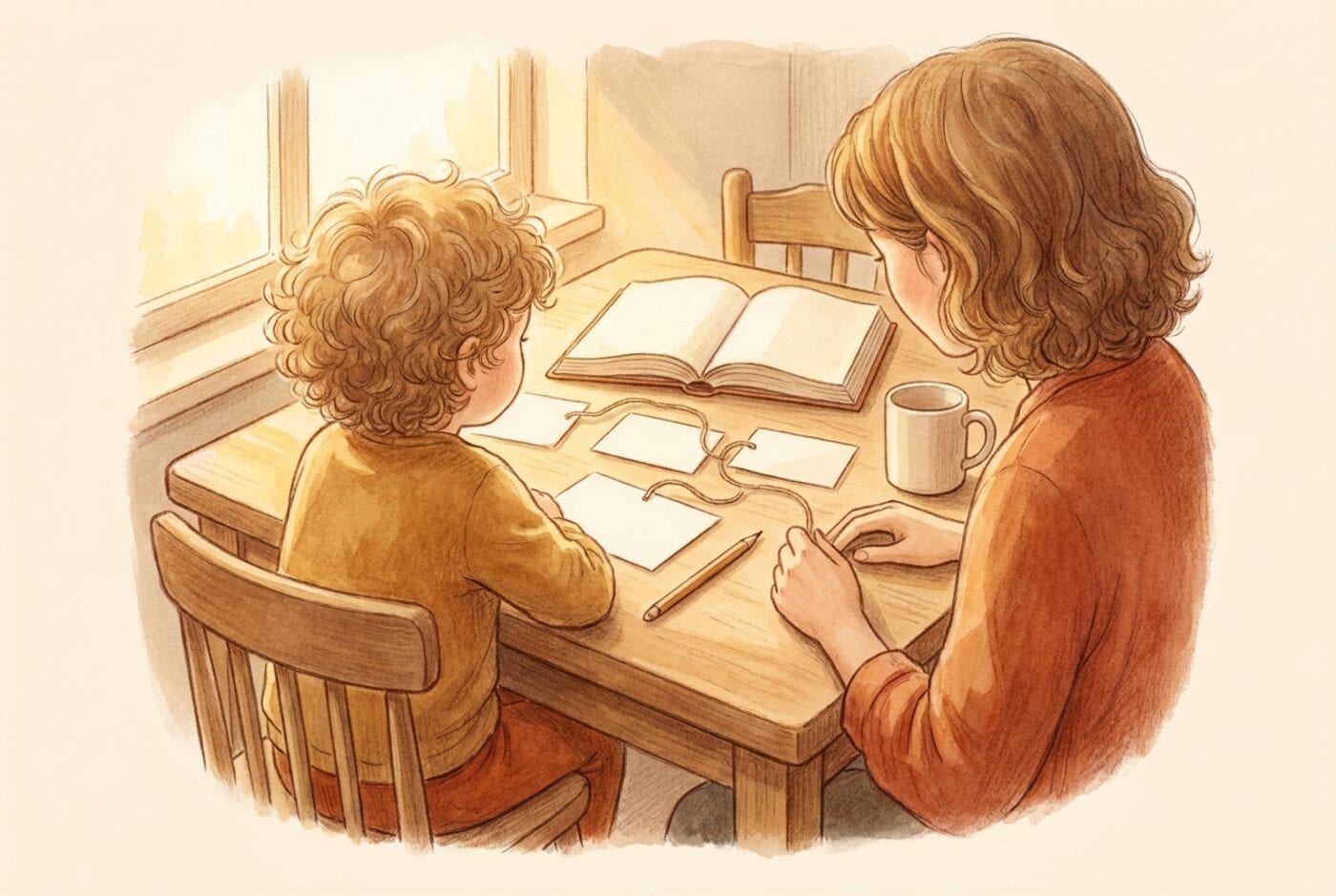 A parent and a young child sit at a sunny kitchen table with an open book, a pencil and blank cards joined by string like a clue board.