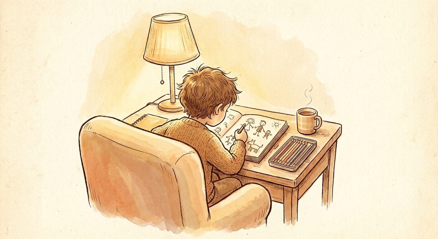 A child at a desk drawing cartoons in a blank notebook under warm lamplight, seen over the shoulder