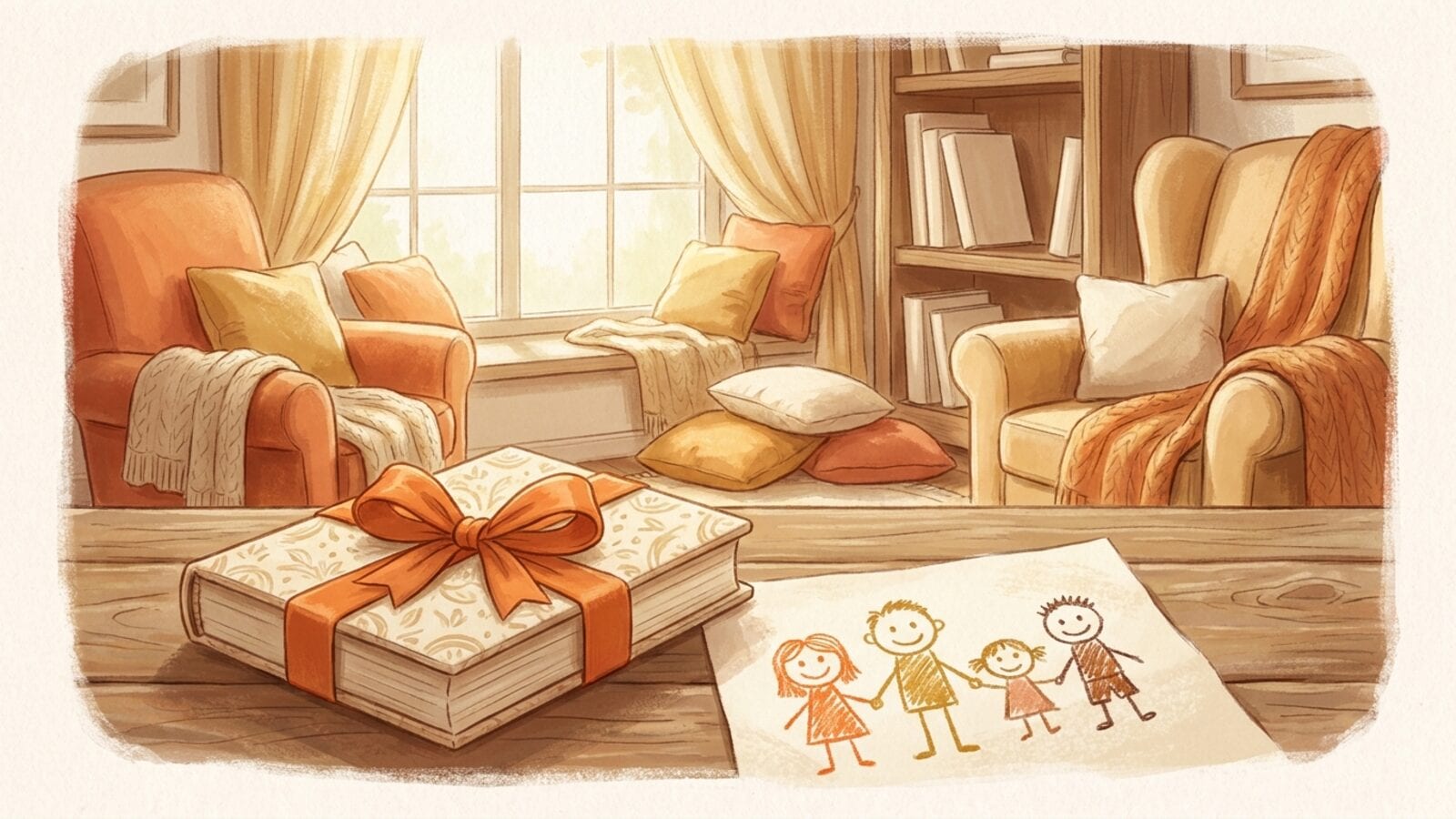 A gift-wrapped storybook with an orange ribbon on a wooden table next to a child's crayon drawing of a family, with a cozy reading nook behind.
